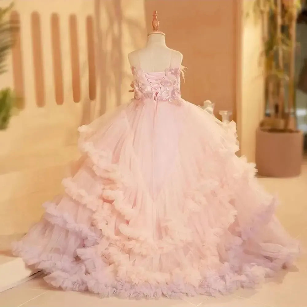 Jill Wish Luxury Blush Flower Girl Dress Feathers Arabic Princess Kids Wedding Birthday Party Ball Gown Holy Communion 2024 J246