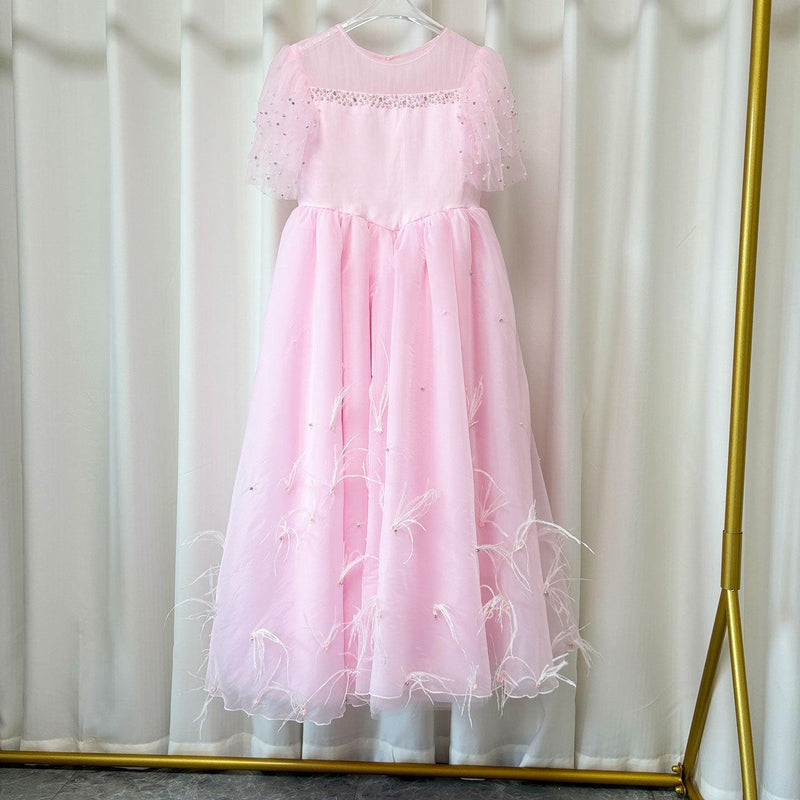 Jill Wish Luxury Blush Pink Girl Dress Feathers Beaded Princess J391