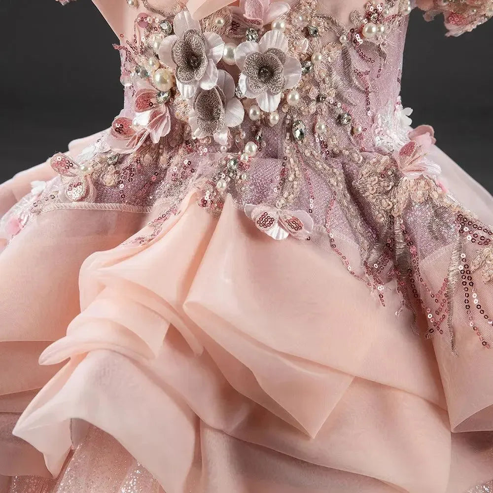 Jill Wish Luxury Coral Girl Dresses Handmade Flower Pearls Beading Princess J016