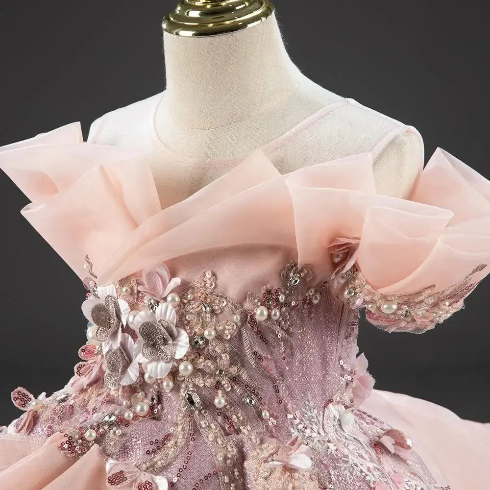 Jill Wish Luxury Coral Girl Dresses Handmade Flower Pearls Beading Princess J016