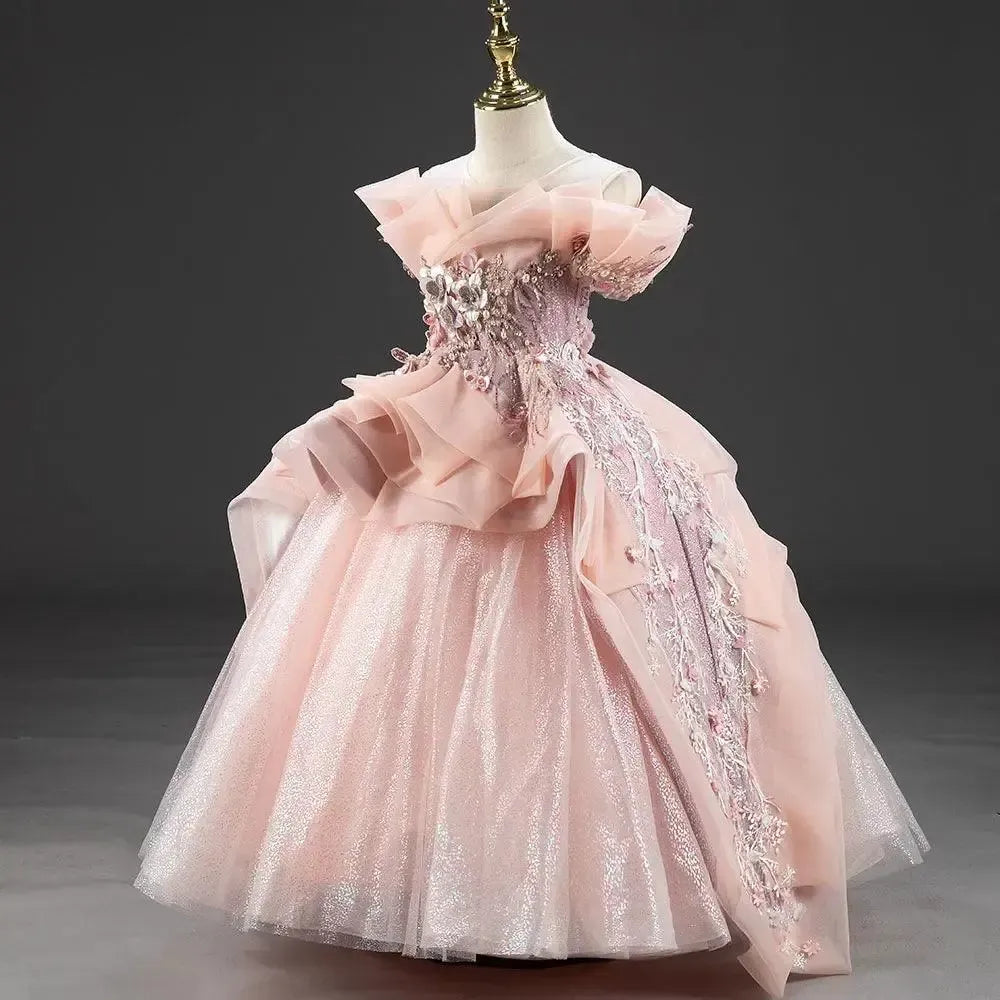 Jill Wish Luxury Coral Girl Dresses Handmade Flower Pearls Beading Princess J016