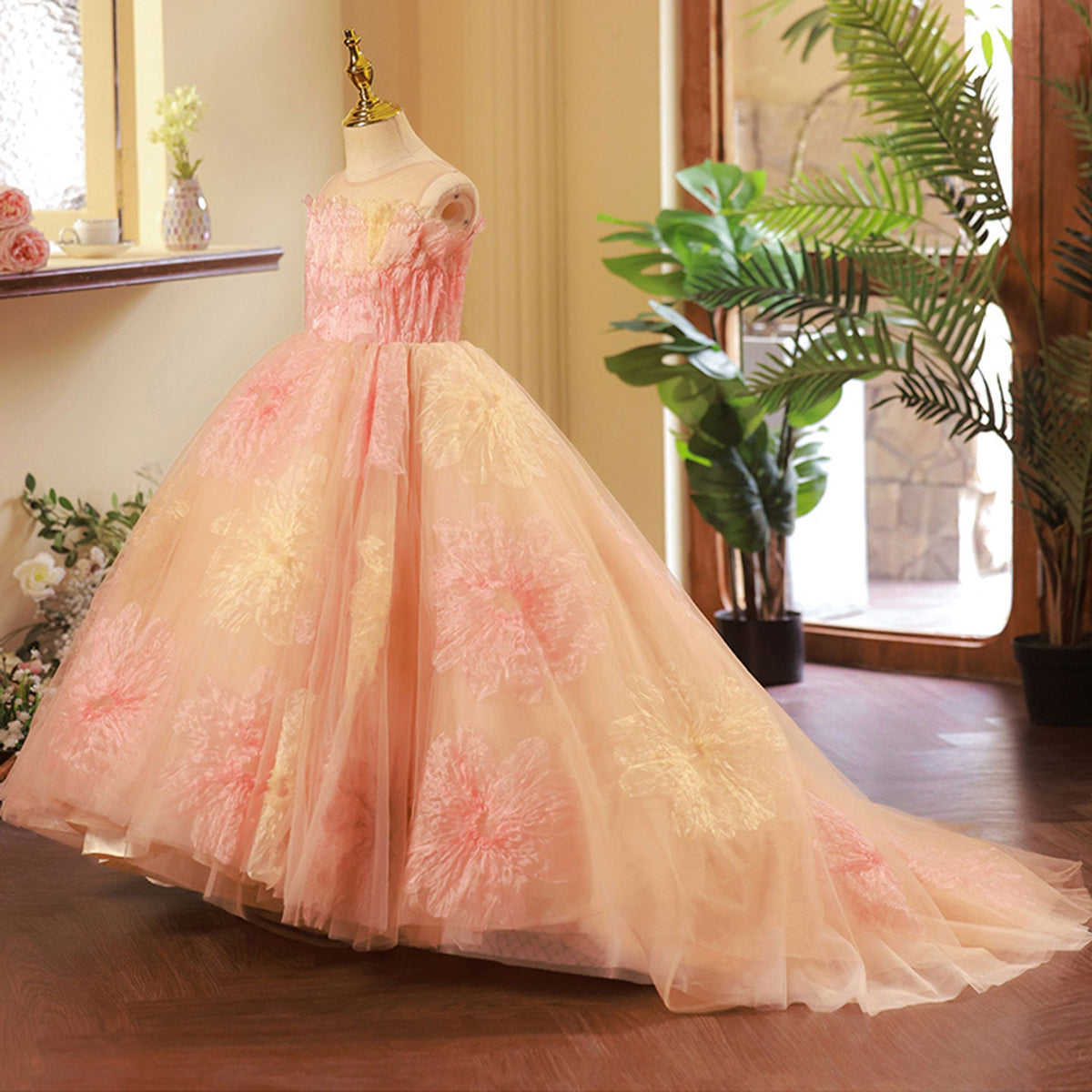 Jill Wish Luxury Coral Long Girl Dress for Birthday Party J276