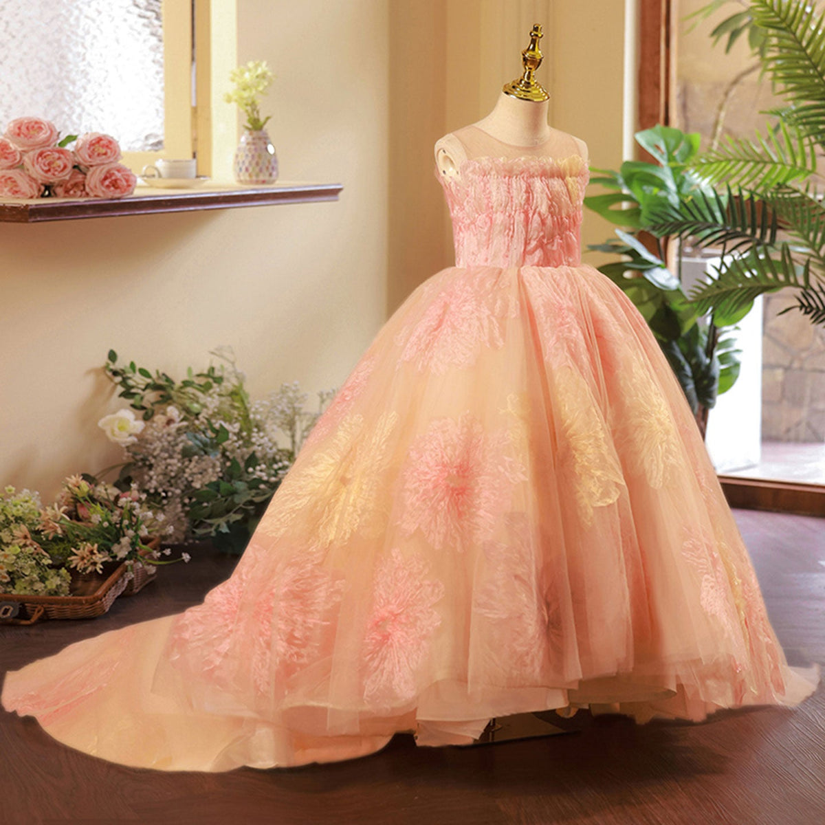 Jill Wish Luxury Coral Long Girl Dress for Birthday Party J276