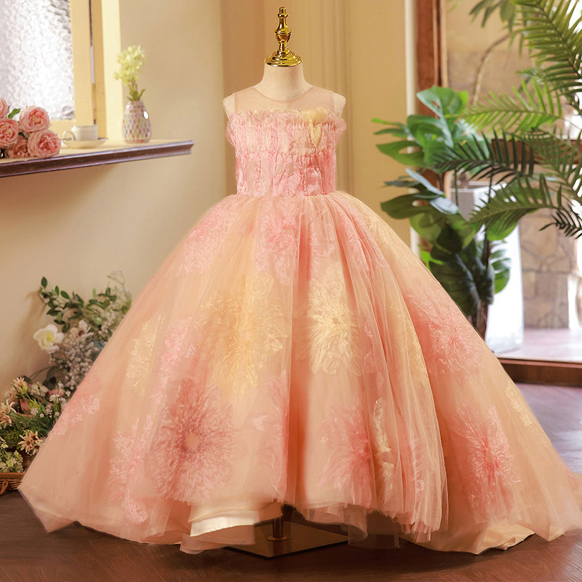 Jill Wish Luxury Coral Long Girl Dress for Birthday Party J276