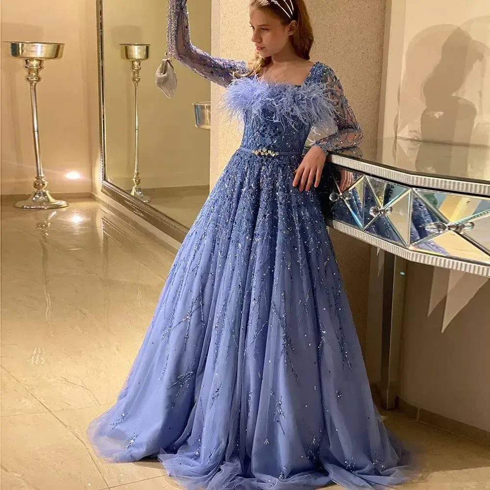 Luxury Dubai Blue Girl Dress Feathers Beaded A-Line J369 – Jill Wish