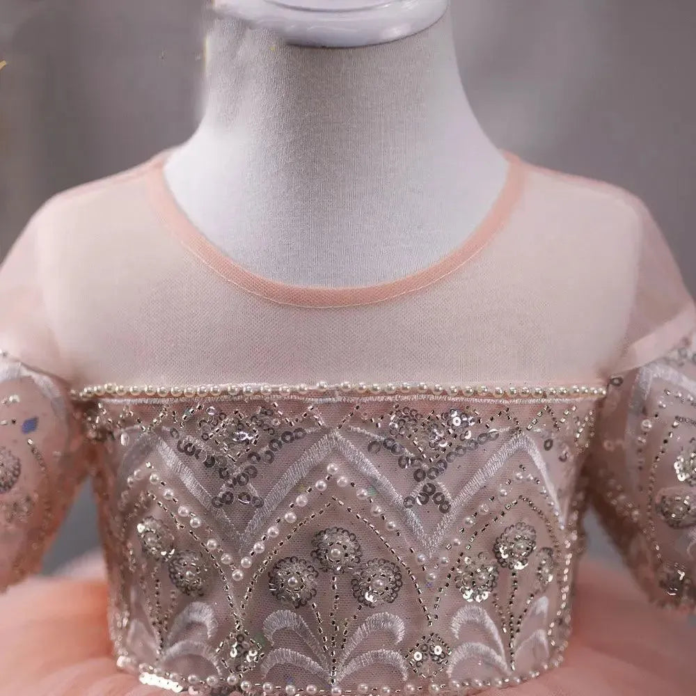 Jill Wish Luxury Dubai Coral Girl Dress Pearls Beading Princess J231
