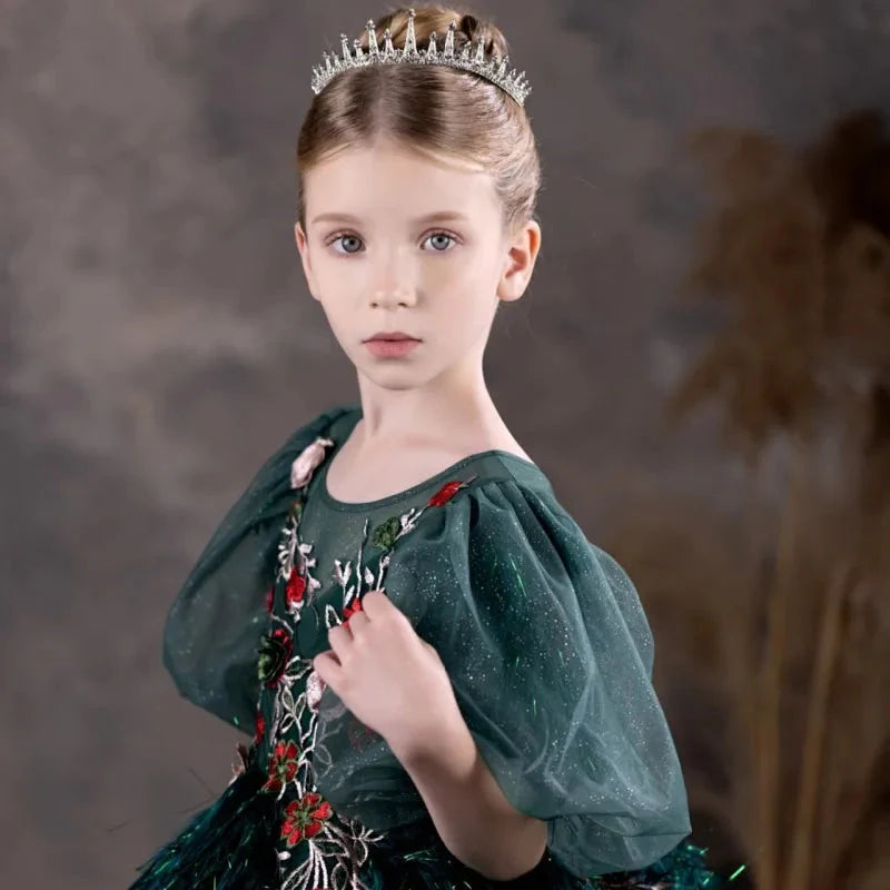 Jill Wish Luxury Dubai Green Flower Girl Dresses Feathers Applique J127