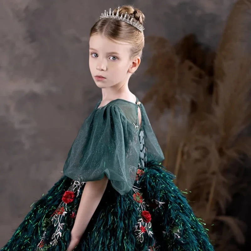 Jill Wish Luxury Dubai Green Flower Girl Dresses Feathers Applique J127