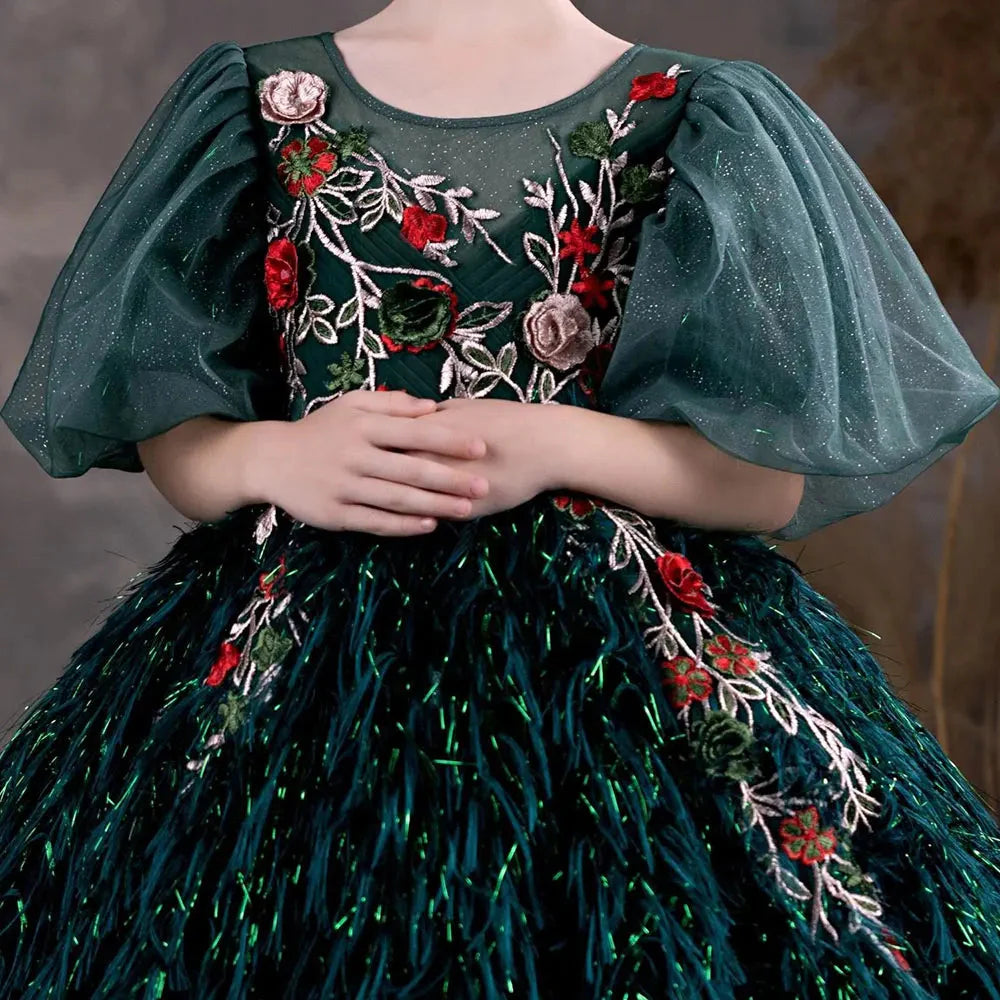 Jill Wish Luxury Dubai Green Flower Girl Dresses Feathers Applique J127