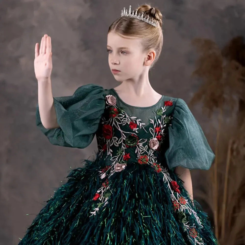 Jill Wish Luxury Dubai Green Flower Girl Dresses Feathers Applique J127