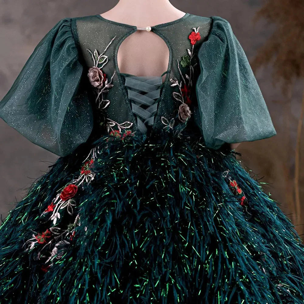 Jill Wish Luxury Dubai Green Flower Girl Dresses Feathers Applique J127