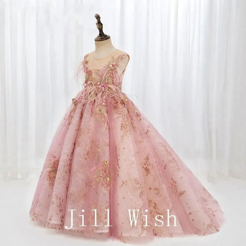Jill Wish Luxury Dubai Pink Flower Girl Dresses Pearls Feathers J068