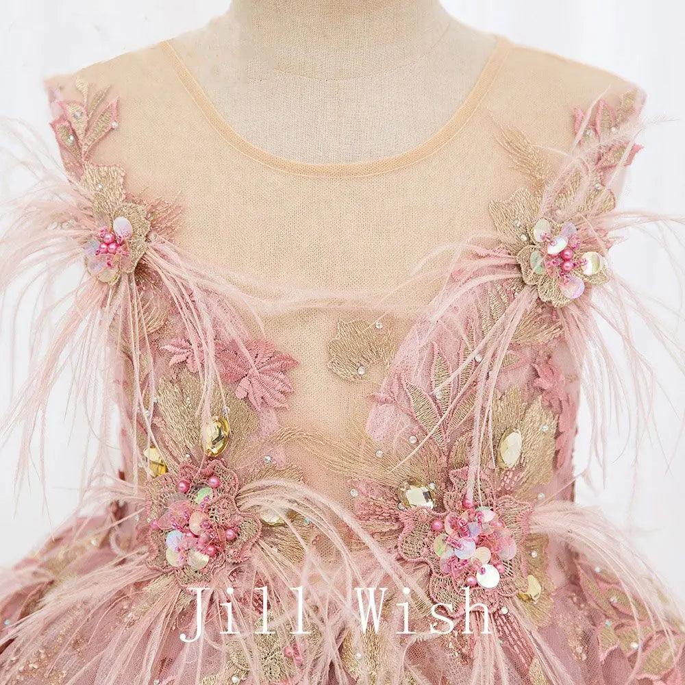 Jill Wish Luxury Dubai Pink Flower Girl Dresses Pearls Feathers J068