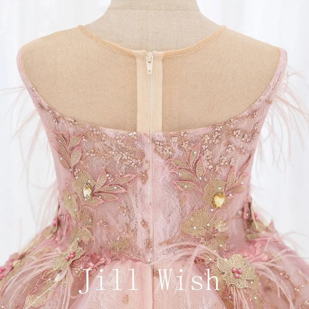 Jill Wish Luxury Dubai Pink Flower Girl Dresses Pearls Feathers J068
