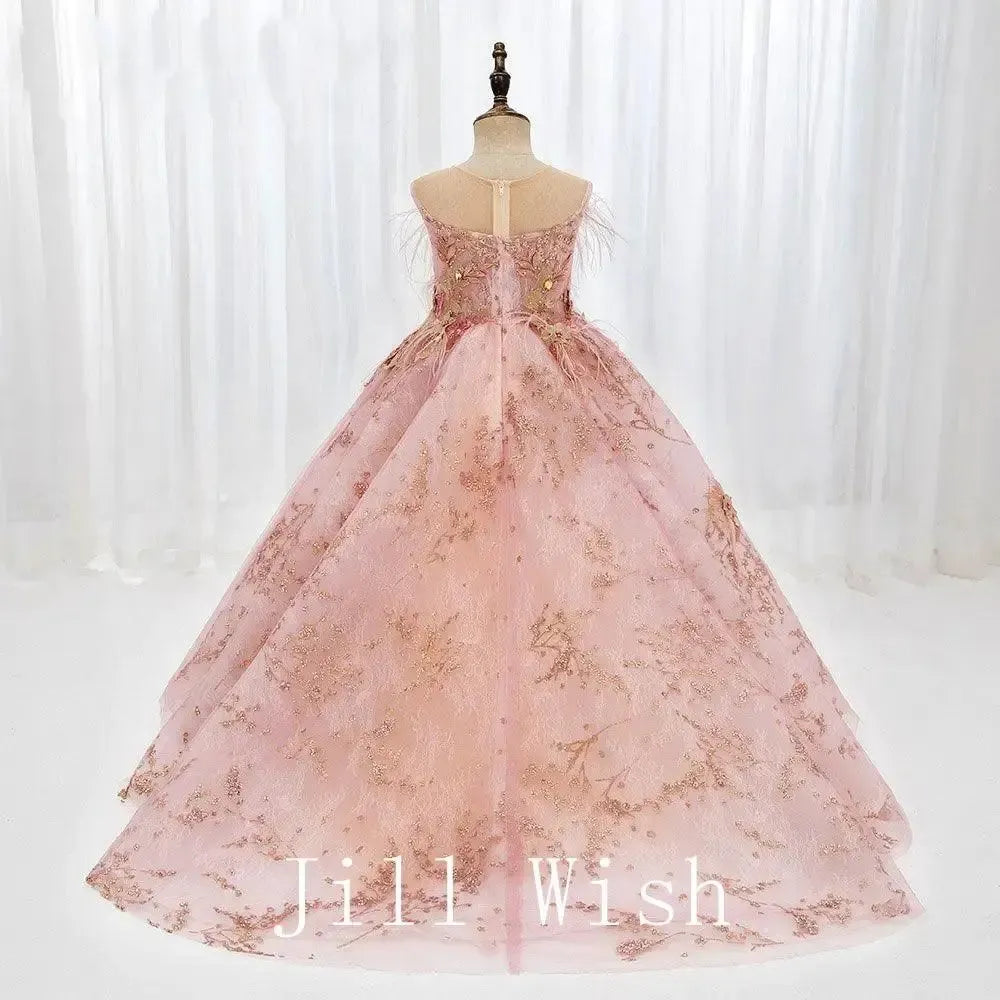 Jill Wish Luxury Dubai Pink Flower Girl Dresses Pearls Feathers J068