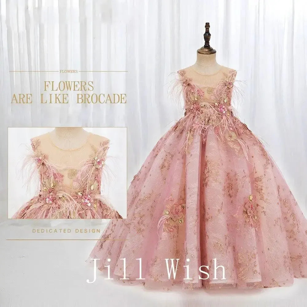 Jill Wish Luxury Dubai Pink Flower Girl Dresses Pearls Feathers J068