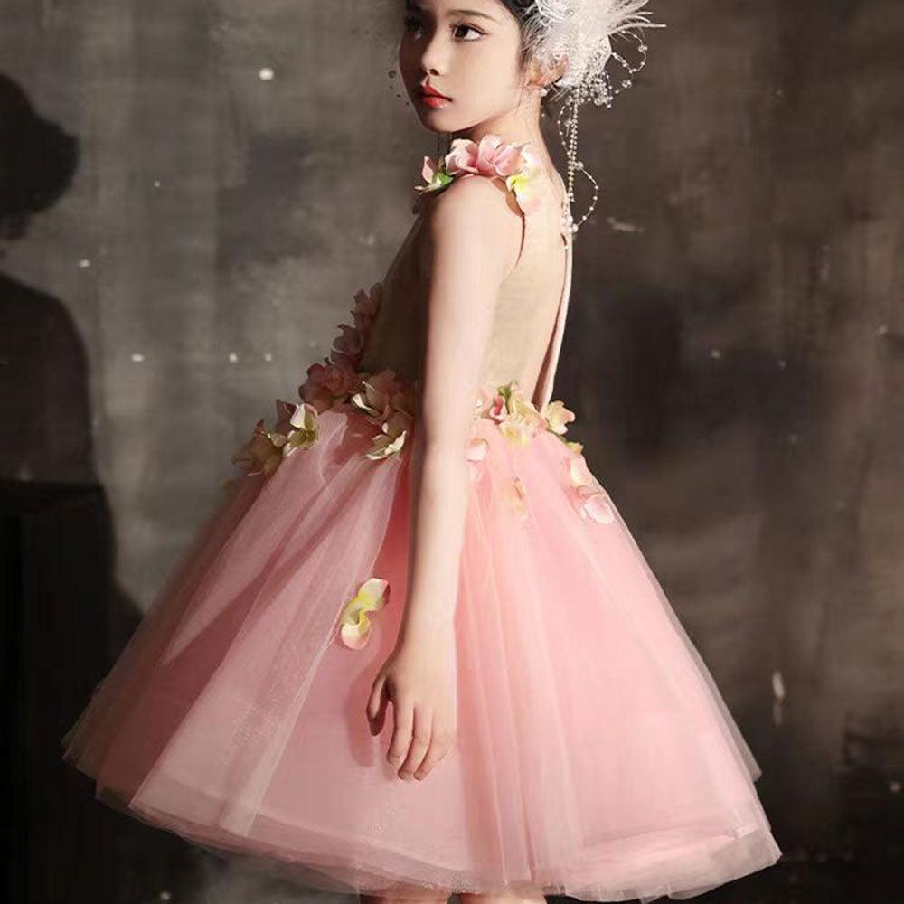 Jill Wish Luxury Dubai Pink Girl Dress 3D Flowers Sleeveless Ball Gown J349