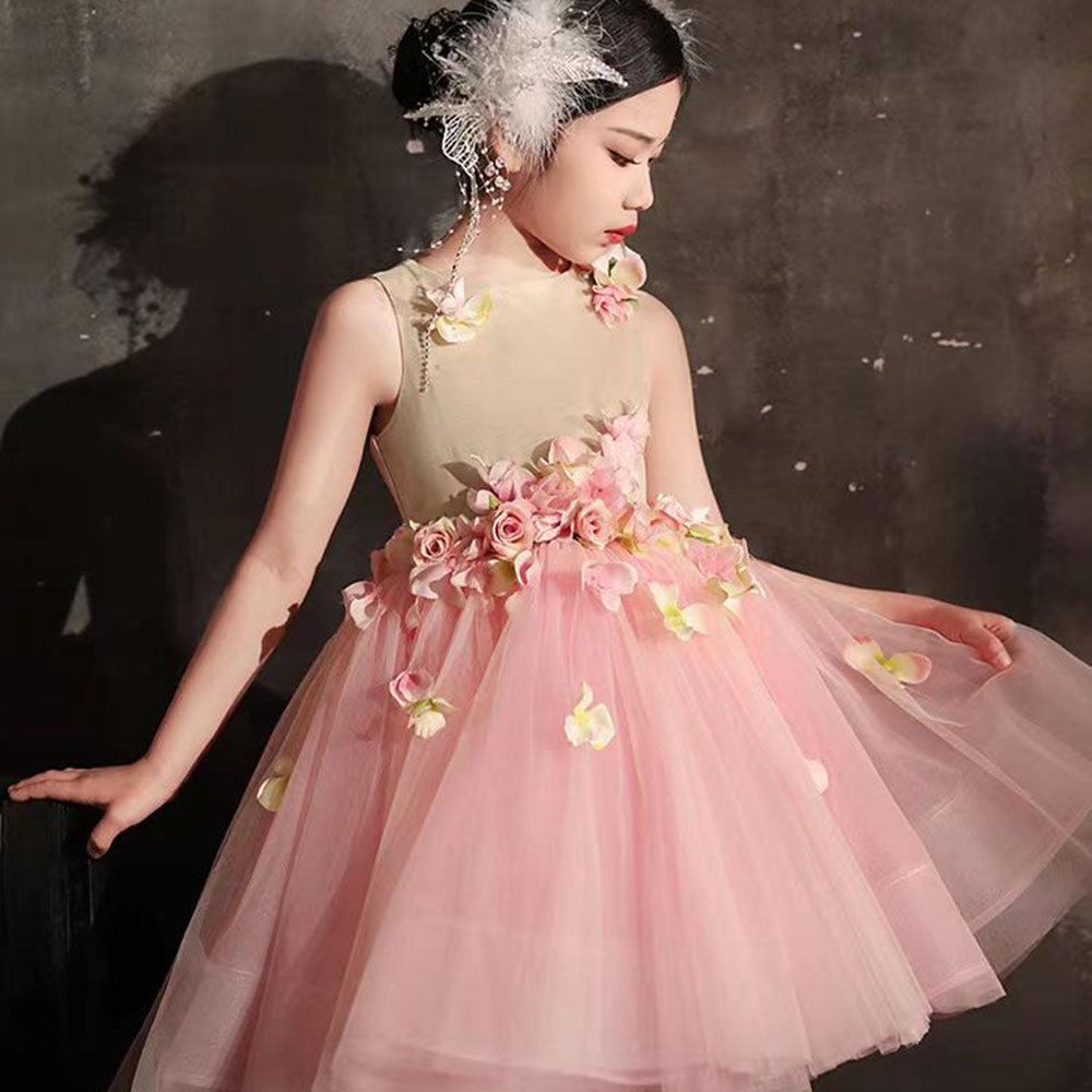 Jill Wish Luxury Dubai Pink Girl Dress 3D Flowers Sleeveless Ball Gown J349