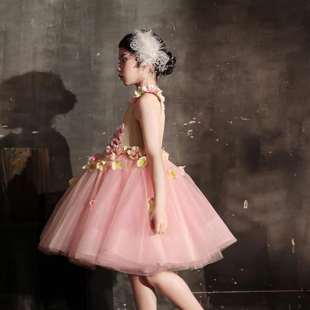 Jill Wish Luxury Dubai Pink Girl Dress 3D Flowers Sleeveless Ball Gown J349