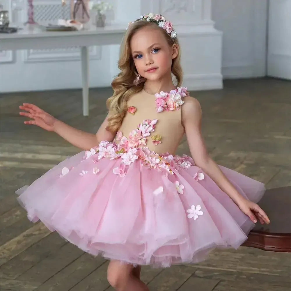 Jill Wish Luxury Dubai Pink Girl Dress 3D Flowers Sleeveless Ball Gown J349