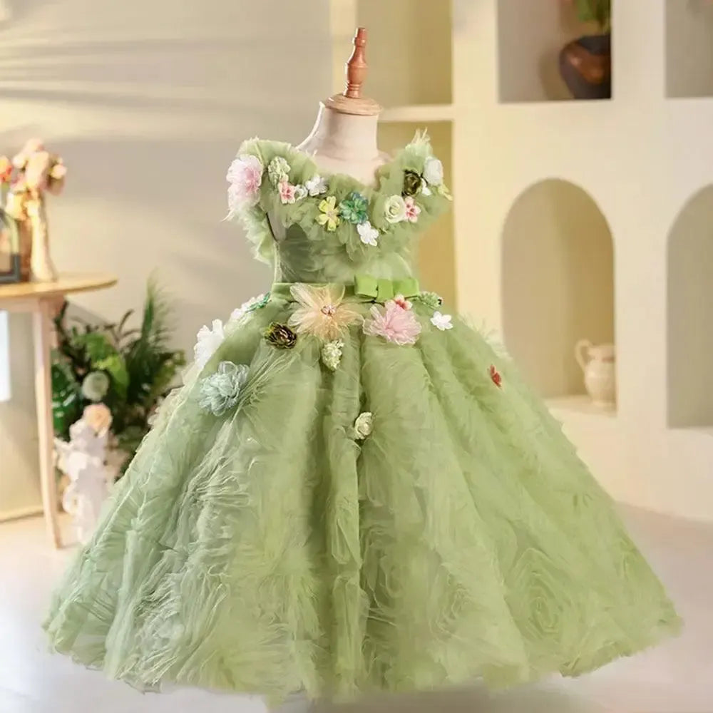 Jill Wish Luxury Dubai Sage Green Girl Dresses Pearls Handmade Flowers Princess J086