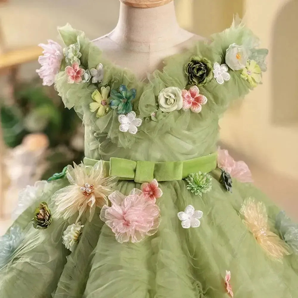 Jill Wish Luxury Dubai Sage Green Girl Dresses Pearls Handmade Flowers Princess J086