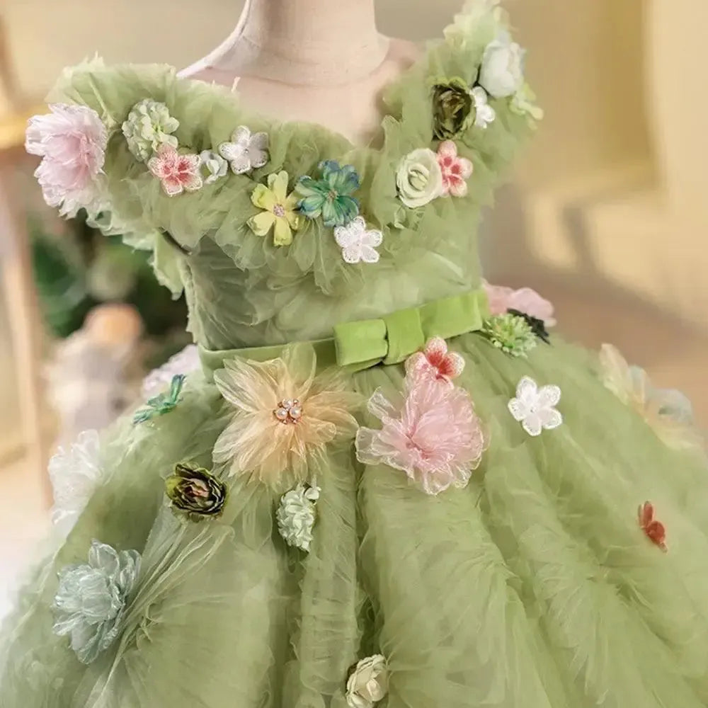 Jill Wish Luxury Dubai Sage Green Girl Dresses Pearls Handmade Flowers Princess J086