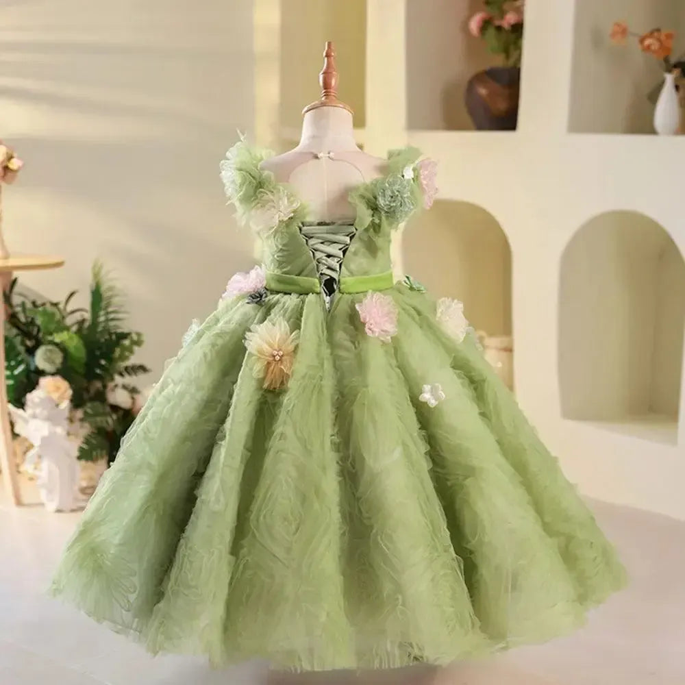 Jill Wish Luxury Dubai Sage Green Girl Dresses Pearls Handmade Flowers Princess J086