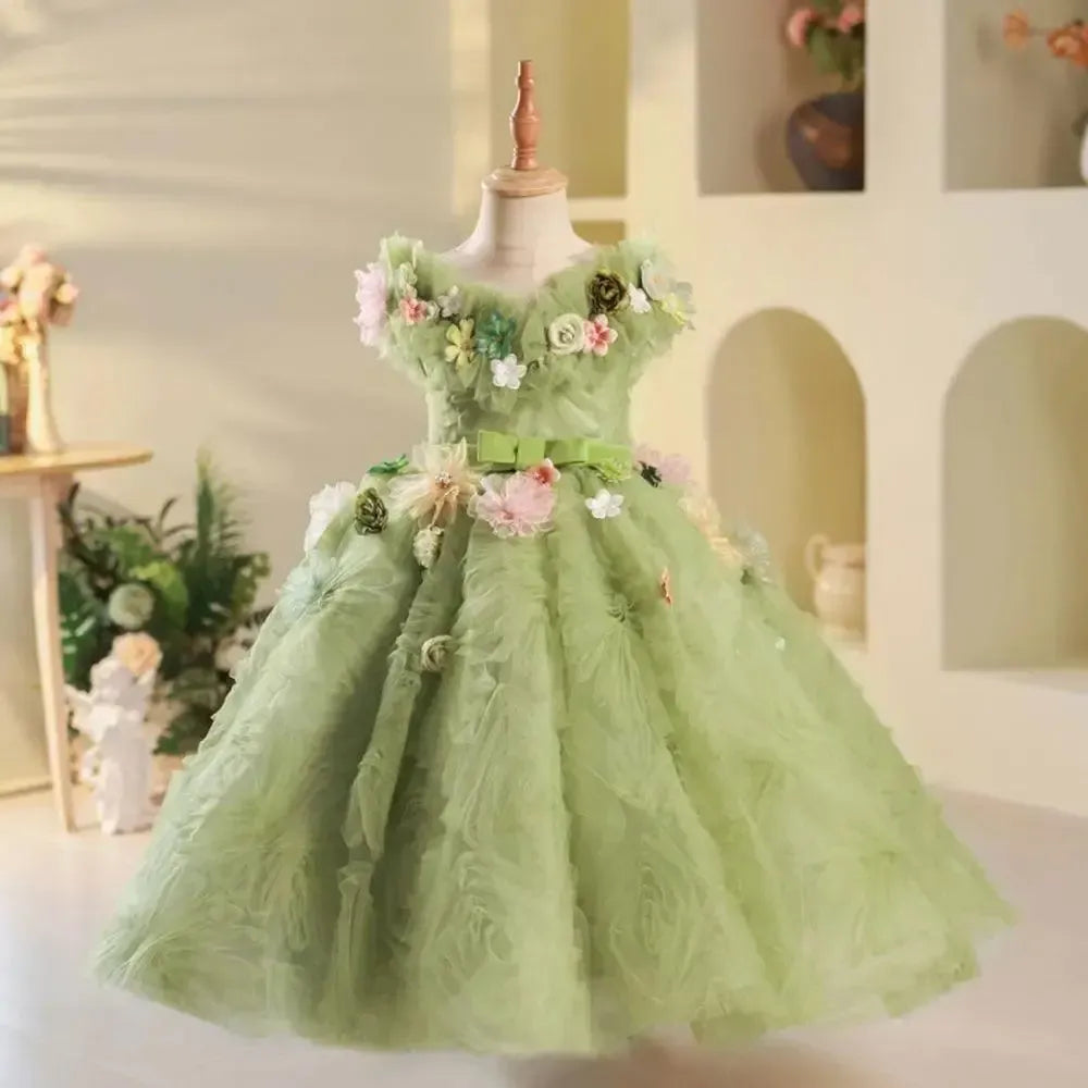 Jill Wish Luxury Dubai Sage Green Girl Dresses Pearls Handmade Flowers Princess J086