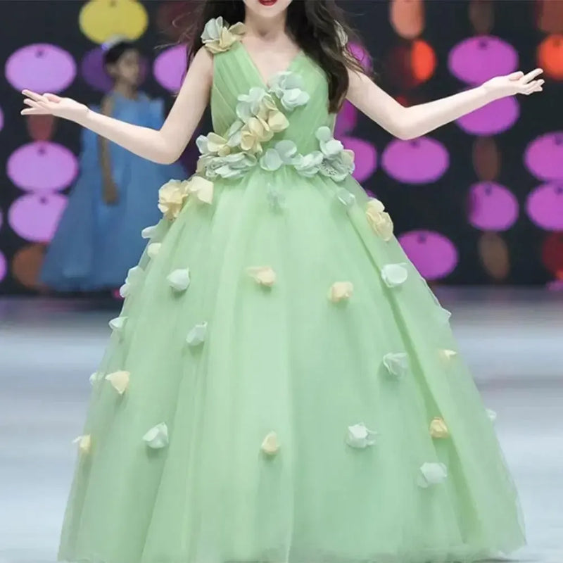 Jill Wish Luxury Dubai Sage Green Girl Dresses with Handmade Flowers Princess J059