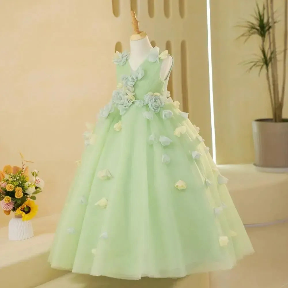 Jill Wish Luxury Dubai Sage Green Girl Dresses with Handmade Flowers Princess J059