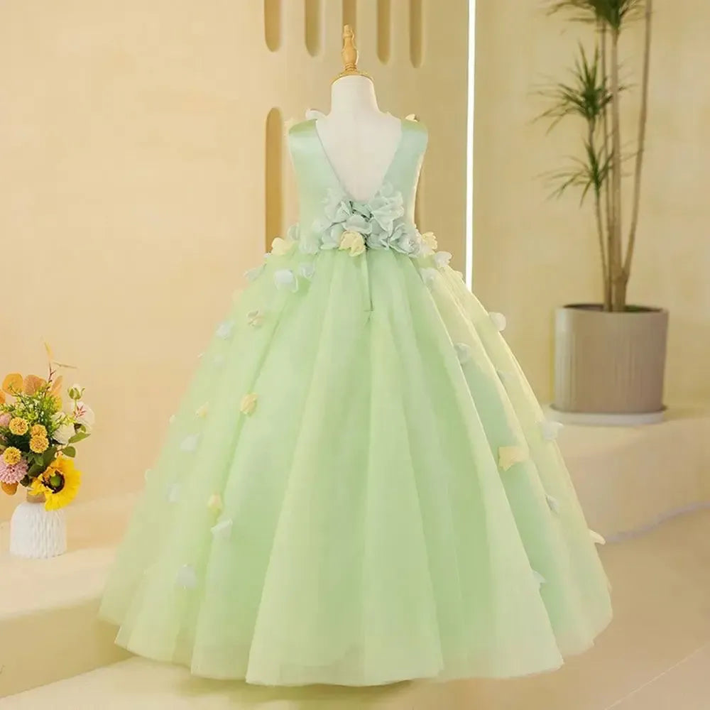 Jill Wish Luxury Dubai Sage Green Girl Dresses with Handmade Flowers Princess J059