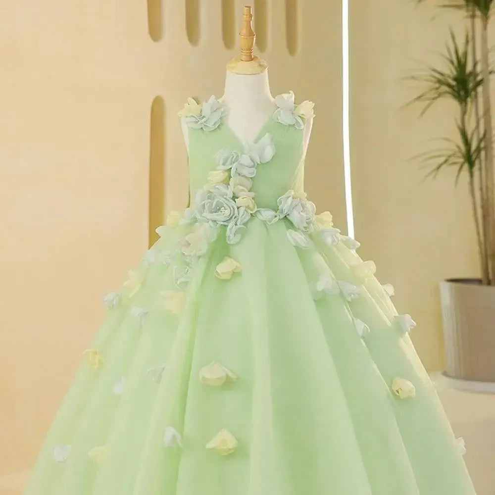 Jill Wish Luxury Dubai Sage Green Girl Dresses with Handmade Flowers Princess J059