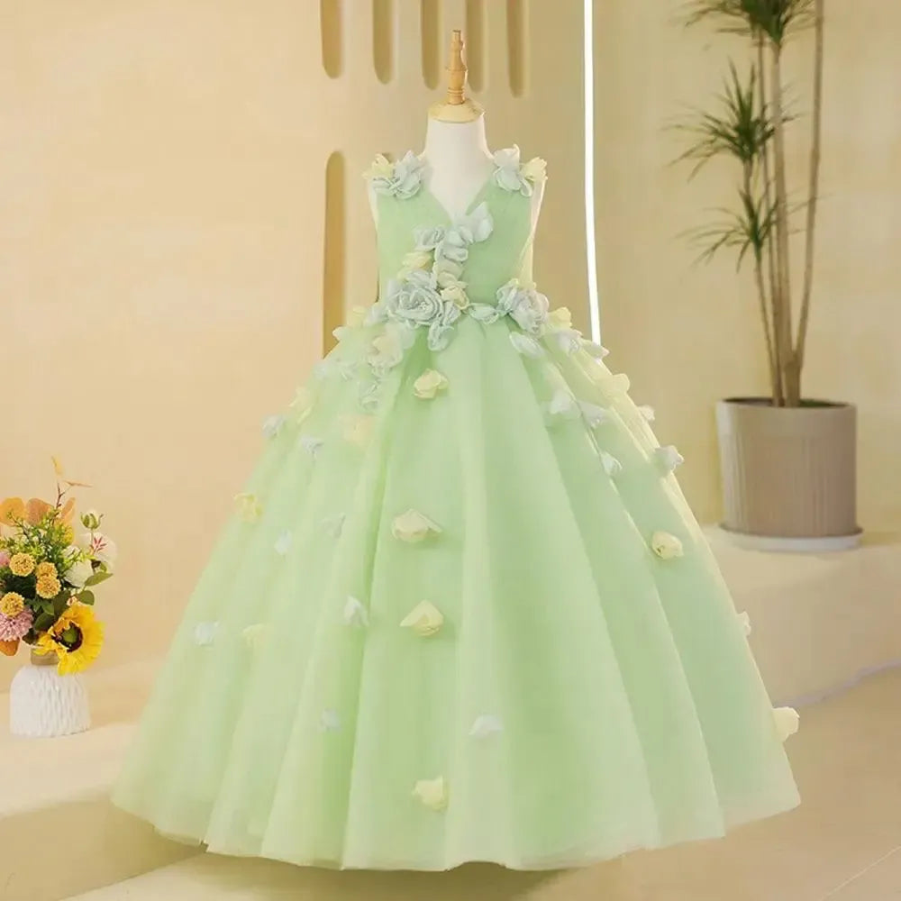 Jill Wish Luxury Dubai Sage Green Girl Dresses with Handmade Flowers Princess J059