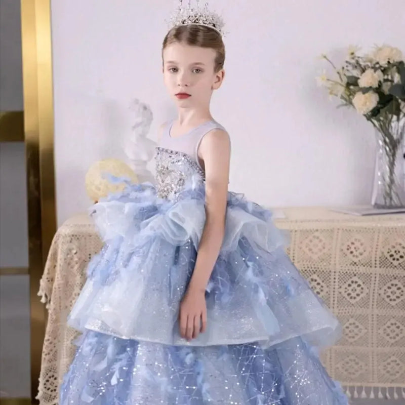 Jill Wish Luxury Dubai Sky Blue Flower Girl Dresses Beading Feathers Tiered J134