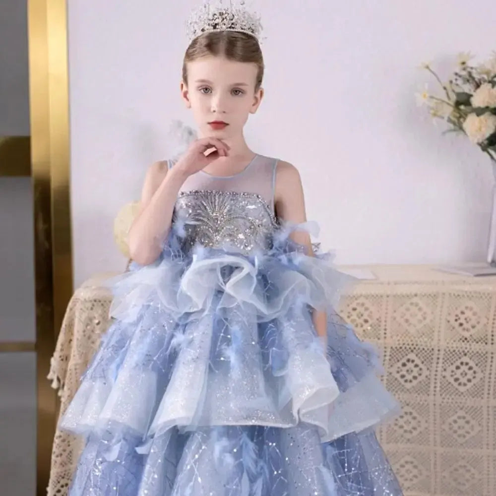 Jill Wish Luxury Dubai Sky Blue Flower Girl Dresses Beading Feathers Tiered J134