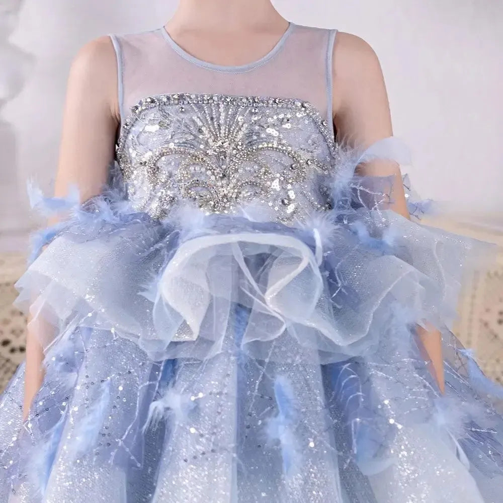 Jill Wish Luxury Dubai Sky Blue Flower Girl Dresses Beading Feathers Tiered J134