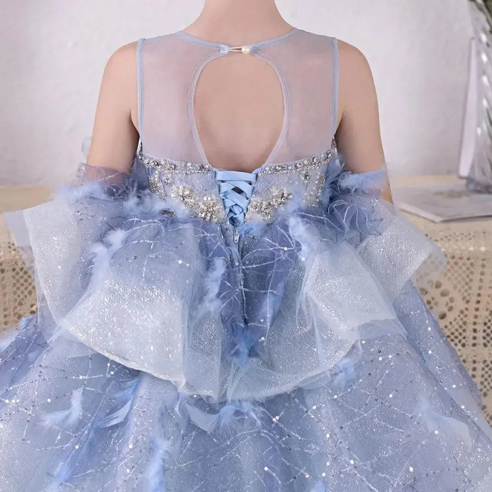 Jill Wish Luxury Dubai Sky Blue Flower Girl Dresses Beading Feathers Tiered J134