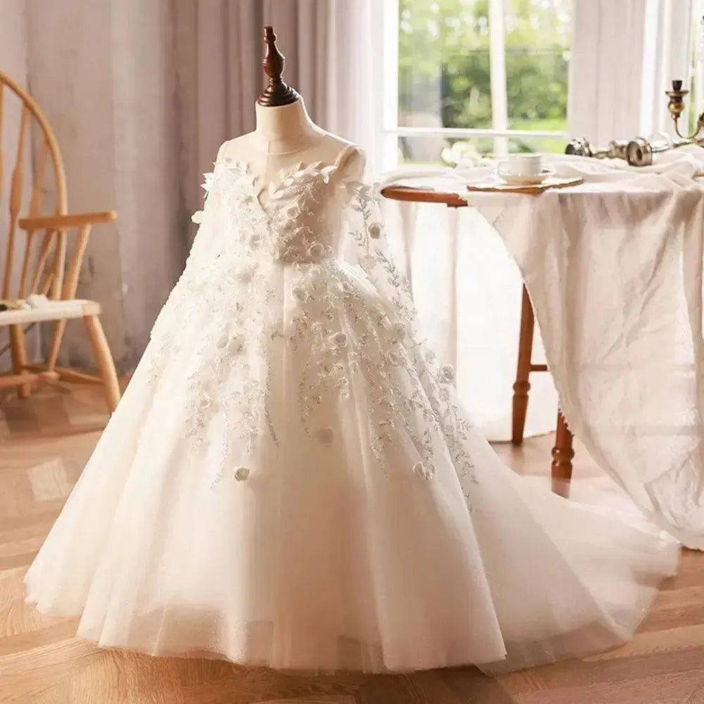 Jill Wish Luxury Dubai White Flower Girl Dresses Pearls Beads Flowers Princess J088