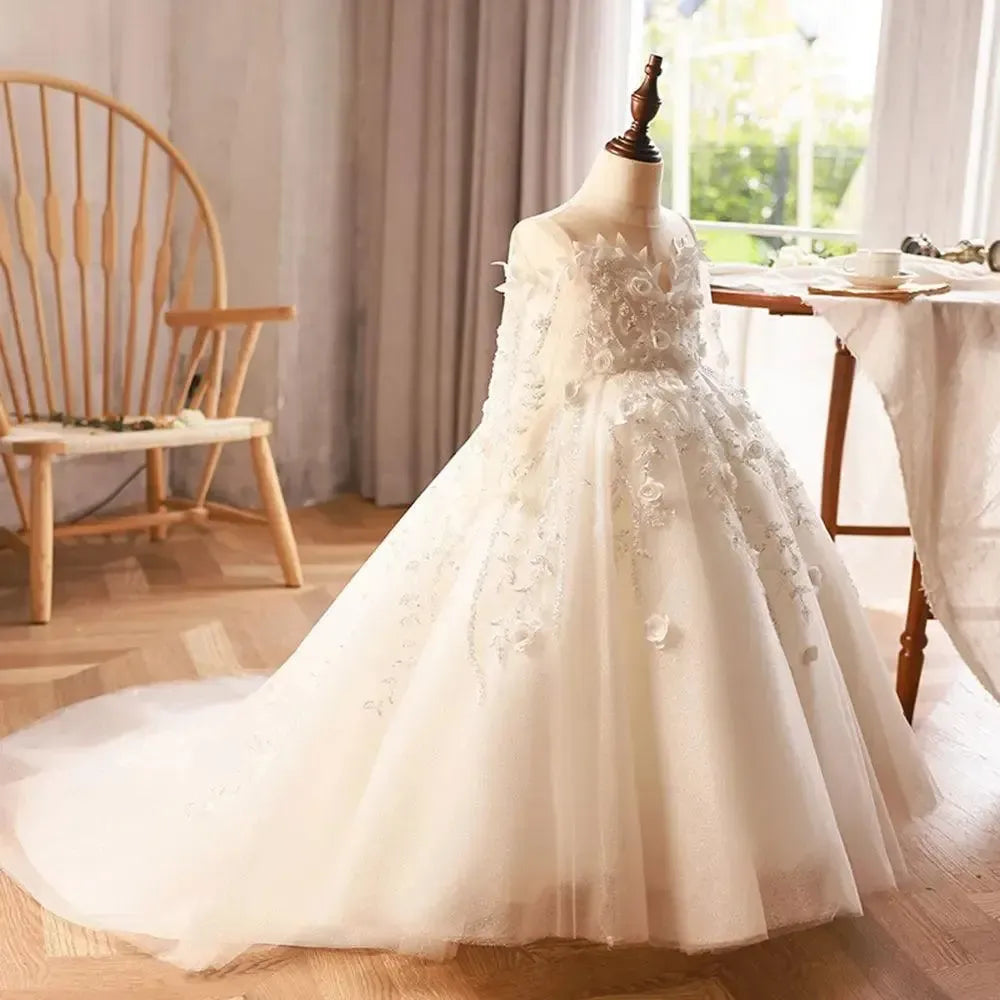 Jill Wish Luxury Dubai White Flower Girl Dresses Pearls Beads Flowers Princess J088