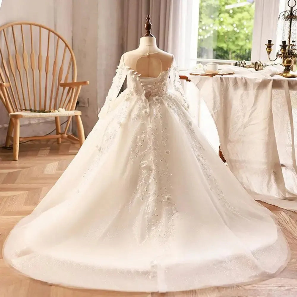 Jill Wish Luxury Dubai White Flower Girl Dresses Pearls Beads Flowers Princess J088
