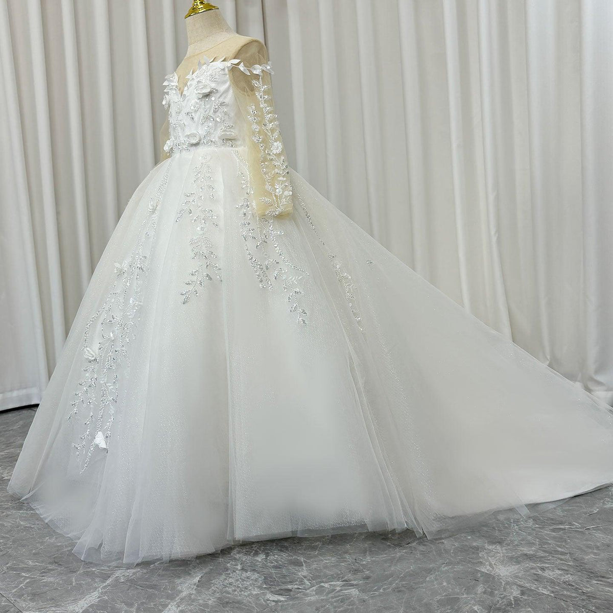 Jill Wish Luxury Dubai White Flower Girl Dresses Pearls Beads Flowers Princess J088