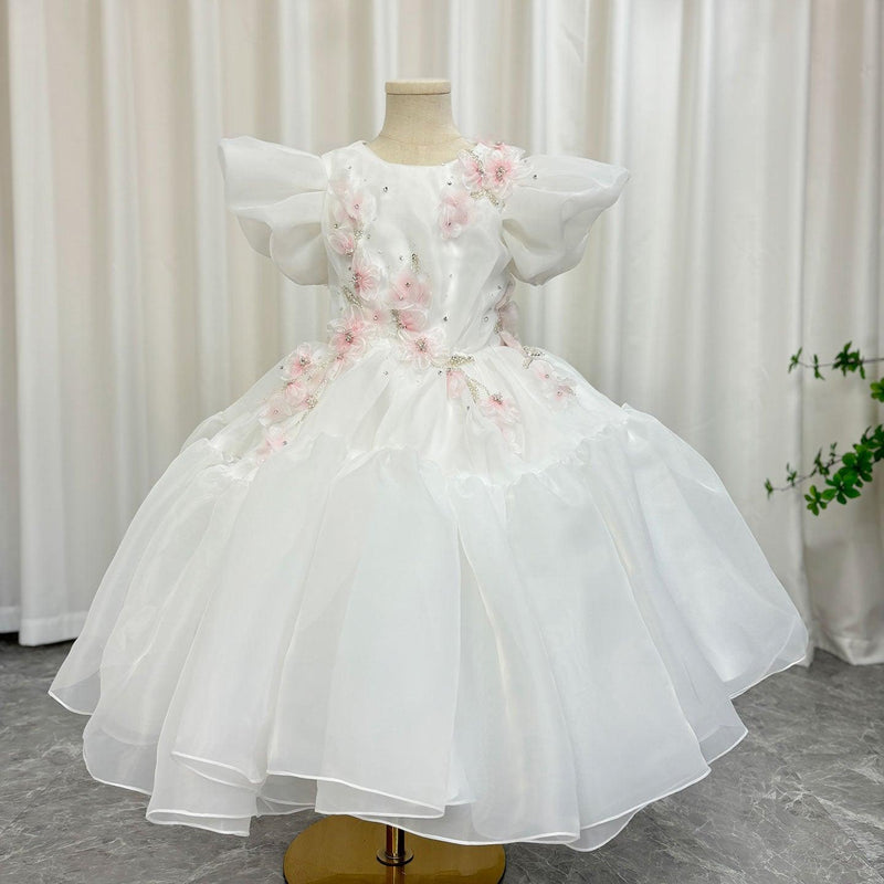 Jill Wish Luxury Dubai White Girl Dress 3D Flowers Beading Ball Gown J348
