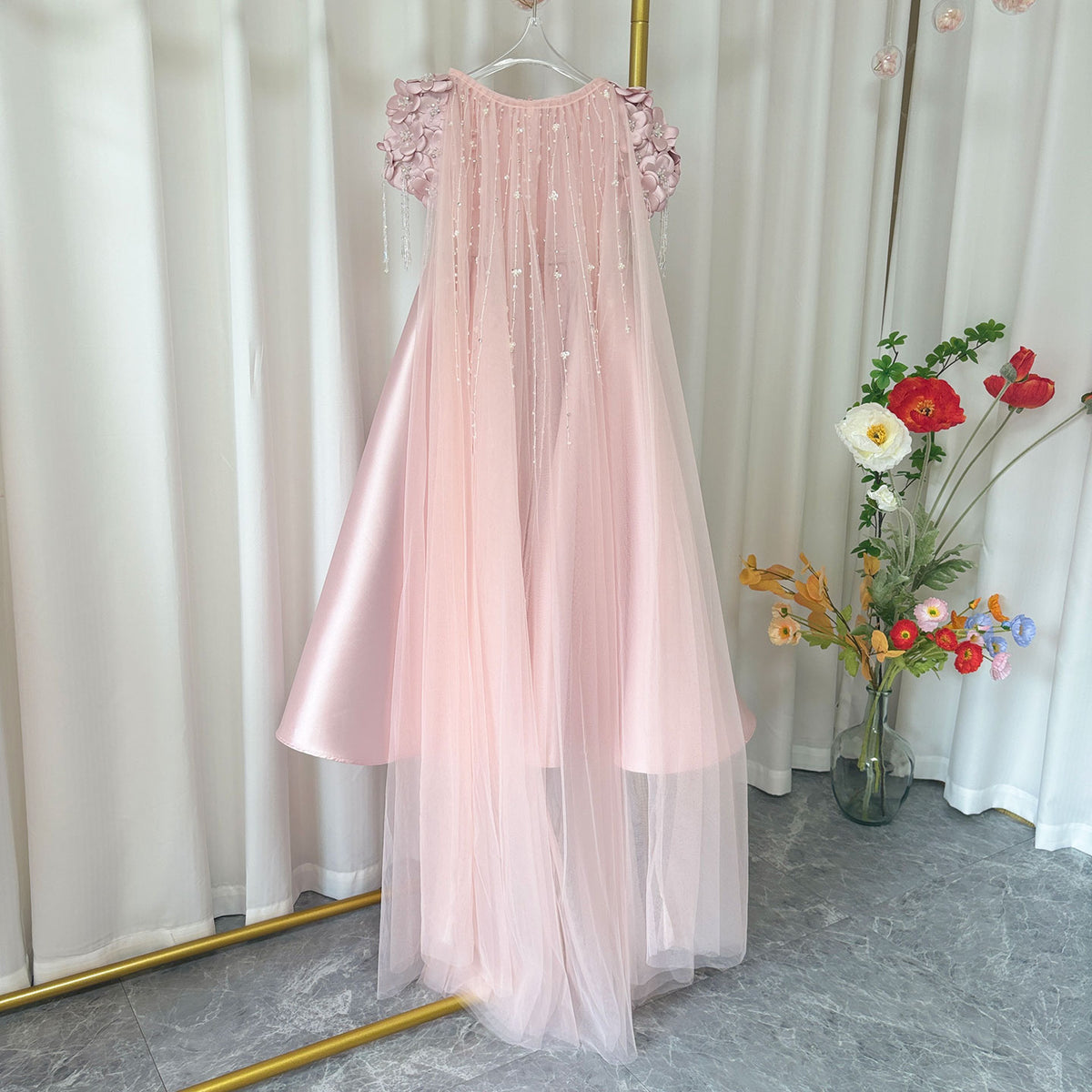 Jill Wish Luxury Dusty Pink Girl Dress Beadeds Arabic with Cap J037