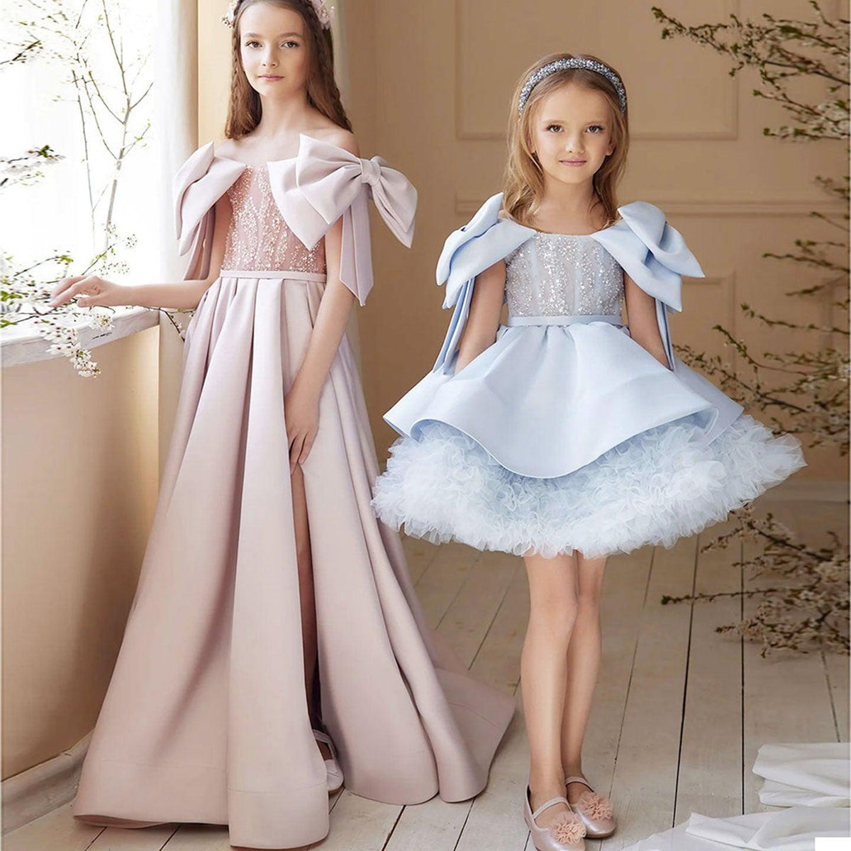 Jill Wish Luxury Elegant Pink Flower Girl Dress Bow Sequined Blue Princess J148