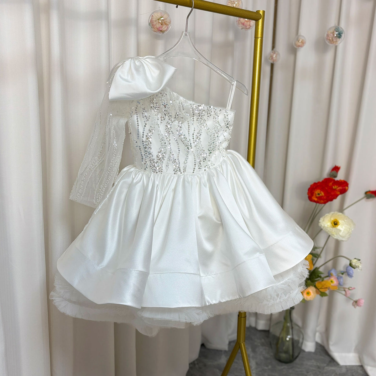 Jill Wish Luxury Elegant Pink Flower Girl Dress Bow Sequined Blue Princess J148