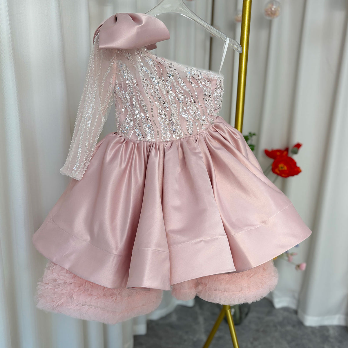 Jill Wish Luxury Elegant Pink Flower Girl Dress Bow Sequined Blue Princess J148