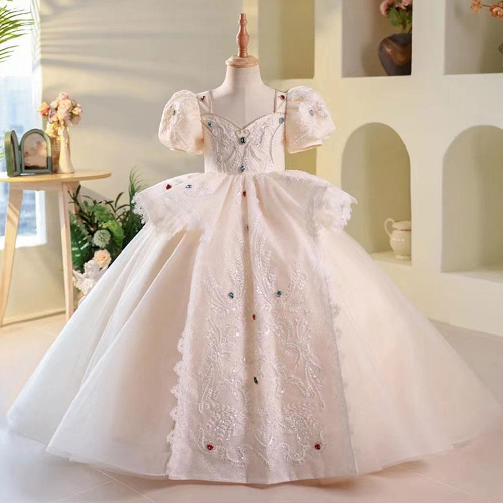 Luxury Elegant White Flower Girl Dress Beads Arabic Princess Kids