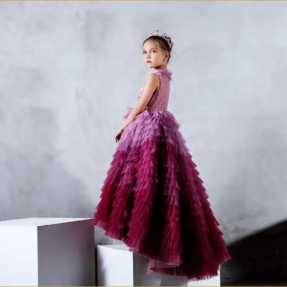 Jill Wish Luxury Fuchsia Flower Girl Dress Tiered Applique Princess A-Line J017