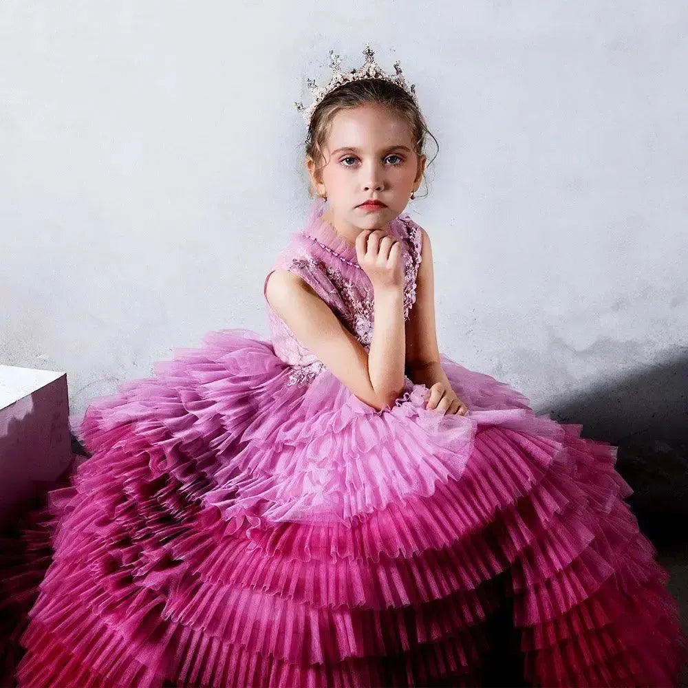 Jill Wish Luxury Fuchsia Flower Girl Dress Tiered Applique Princess A-Line J017